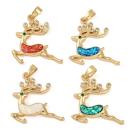 Chastmas Theme Brass Micro Pave Cubic Zirconia Pendants, with Synthetic Opal, Long-Lasting Plated, Lead Free & Cadmium Free, Elk