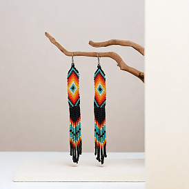 Geometric Glass Bead Tassel Dangle Earrings, Handmade, Multicolor, Daily Wear, Gift