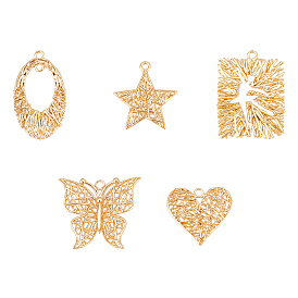BENECREAT 20Pcs 5 Style Brass Pendants, Nickel Free, Butterfly & Star & Oval & Heart & Heart