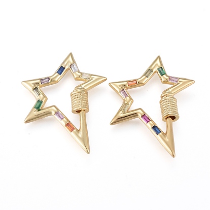 Brass Micro Pave Cubic Zirconia Screw Carabiner Lock Charms, for Necklaces Making, Long-Lasting Plated, Star, Colorful