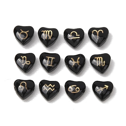 12pcs 12 style handgemachte Lampwork Perlen, Herz mit Gold zwölf Tierkreiszeichen, mit Epoxidharz