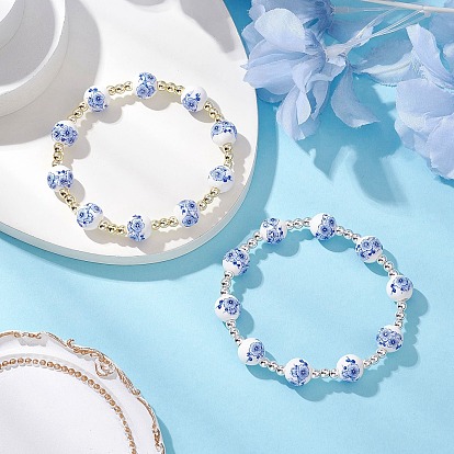 2шт 2 цвета гальванизированные немагнитные синтетические гематитовые круглые бусины эластичные браслеты для женщин, с фарфоровыми керамическими бусинами ручной работы с цветочным принтом