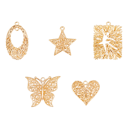 20Pcs 5 Style Brass Pendants, Nickel Free, Butterfly & Star & Oval & Heart & Heart