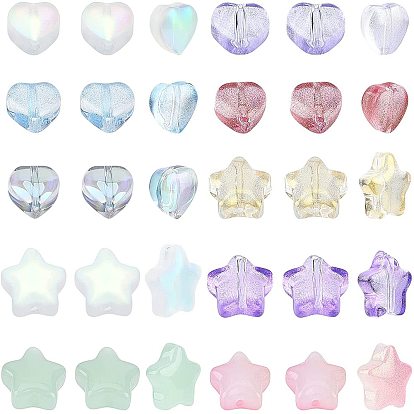 200Pcs 10 Colors Transparent Spray Painted Glass Beads, Heart & Star