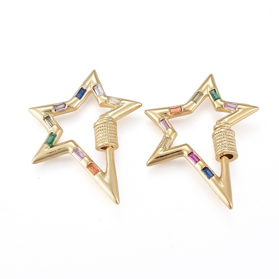 Brass Micro Pave Cubic Zirconia Screw Carabiner Lock Charms, for Necklaces Making, Long-Lasting Plated, Star, Colorful