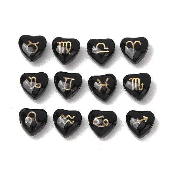 12pcs 12 style handgemachte Lampwork Perlen, Herz mit Gold zwölf Tierkreiszeichen, mit Epoxidharz