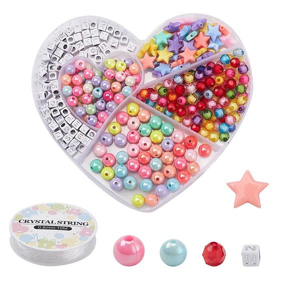 DIY Jewelry Making Kits, Including Round & Star & Cube Acrylic Beads, Elastic Crystal Thread