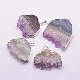 Natural Amethyst Pendants, Nuggets, with Silver Color Plated Plated Brass Finding, 35~50x25~40x7~9mm, Hole: 7x5mm