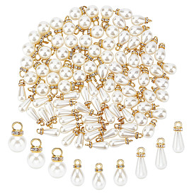 90Pcs 3 Style ABS Imitation Pearl & Brass Pendants, with Iron Finding & Brass Rhinestone Spacer Beads, Teardrop & Round