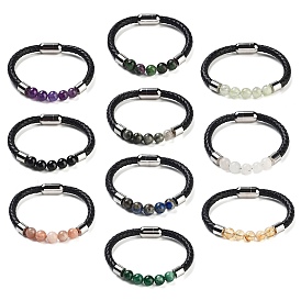 Gemstone Round Bead Braided Leather Cord Bracelets for Men Women, with Ion Plating(IP) 304 Stainless Steel Magnetic Clasps