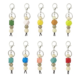 Dyed Natural Wood Beaded Pendant Keychain, with Alloy Findings and Cotton Thread, for Woman Bag Car Key Decoration