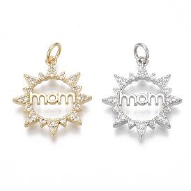 Brass Micro Pave Clear Cubic Zirconia Pendants, Sun with Mom, for Mother's Day, Nickel Free