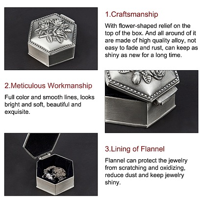 European Classical Princess Jewelry Boxes, Alloy Carved Rose Jewelry Boxes, for Craft Gift, Polygon