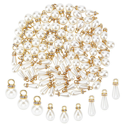 90Pcs 3 Style ABS Imitation Pearl & Brass Pendants, with Iron Finding & Brass Rhinestone Spacer Beads, Teardrop & Round