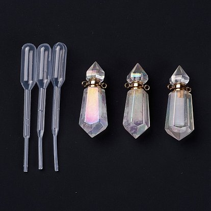 Angel Aura Quartz, Faceted Natural Quartz Crystal Pendants, Openable Perfume Bottle, with Golden Tone Brass Findings and Plastic Dropper