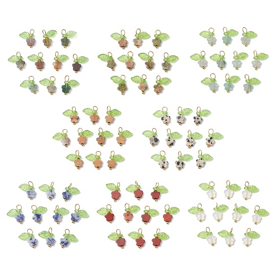 80шт 8 стили натуральные драгоценные камни цветы подвески, с прозрачным акриловым светло-зеленым листом и петлями из медной проволоки