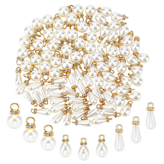 90Pcs 3 Style ABS Imitation Pearl & Brass Pendants, with Iron Finding & Brass Rhinestone Spacer Beads, Teardrop & Round