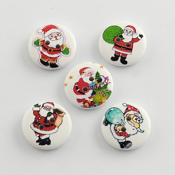 2-Hole Christmas Santa Claus Printed Wooden Buttons, Flat Round, 20x5mm, Hole: 2mm