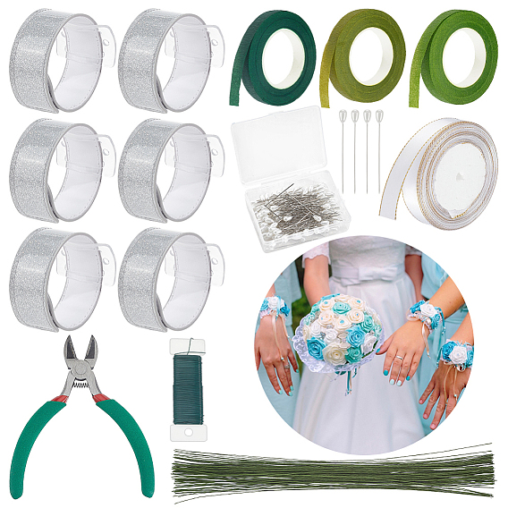PU Leather with Iron Slap Bracelets, Iron & Paper Floral Wire, Polyester Ribbon, Iron Head Pins, Iron Wire Grimp Wire, Paper Tapes