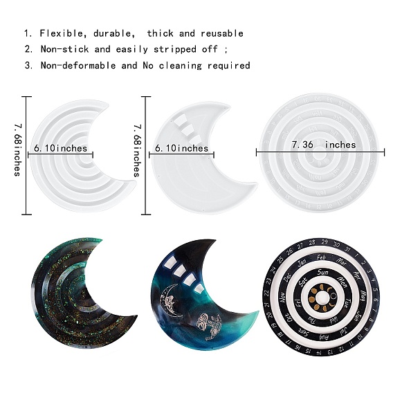 3 Pcs Moon Perpetual Calenda Silicone Mold, Roulette Mould, for DIY Resin Crafts Home Wall Decoration