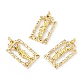 Rack Plating Brass Micro Pave Clear Cubic Zirconia Pendants, Long-Lasting Plated, Cadmium Free & Lead Free, Rectangle with Sun & Saint