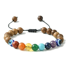 8mm Round Chakra Gemstone & Wood Braided Beaded Bracelets, Evil Eye Resin Adjustable Bracelets