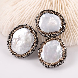 Flat Round Natural Cultured Freshwater Pearl Beads, with Polymer Clay Rhinestone, 17~21x5~6mm, Hole: 0.5mm