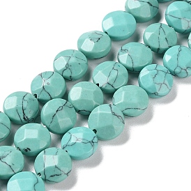 Perles synthétiques turquoise brins, facette, plat rond