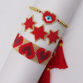Red Pentagram Heart Pattern Rice Bead Bracelet Set Adjustable Evil Eye Bead Bracelet Set