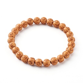 Bracelets de perles extensibles en acrylique imitation bois, ronde avec la croix