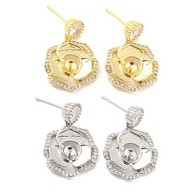 Flower Shape Brass Micro Pave Cubic Zirconia Dangle Stud Earring Findings, Earring Settings for Half Drilled Beads, Long-Lasting Plated, Cadmium Free & Lead Free