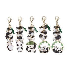 Décorations de pendentif en émail en alliage de panda, Perles d'obsidienne naturelle et de howlite blanche synthétique et breloques de fermoirs à pince de homard en acier inoxydable