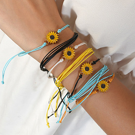 Boho Chic Multi-Layered Handmade Bracelet with Daisy and Sunflower Charms