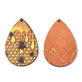 Single Face Printed Wood Big Pendants, Teardrop Charm with Bees Pattern
