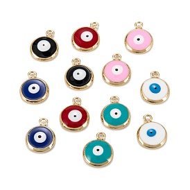 Brass Enamel Charms, with Jump Ring, Real 18K Gold Plated, Long-Lasting Plated, Lead Free & Nickel Free & Cadmium Free, Flat Round with Evil Eye