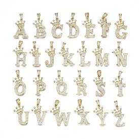 Brass Micro Pave Clear Cubic Zirconia Pendants, Real 18K Gold Plated, Cadmium Free & Nickel Free & Lead Free, Alphabet