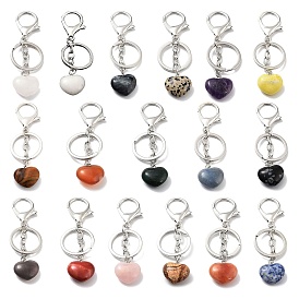 Natural Mixed Gemstone Keychain, with Platinum Plated Iron Split Key Rings, Heart