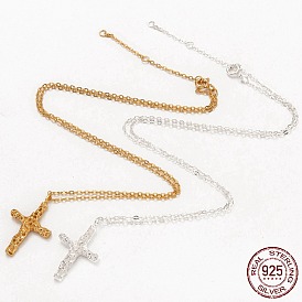 925 Sterling Silver Pendant Necklaces, with Cable Chains and Spring Ring Clasps, Cross