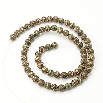 Tibetan Style Wave Pattern dZi Beads, Natural Agate, Dyed, Round, Coffee, Hole: 1mm