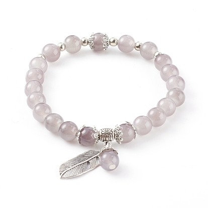 Pulseras elásticas con cuentas de cristal de jade de imitación, con colgantes de plumas de aleación, plata antigua
