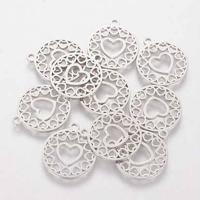 201 Stainless Steel Pendants, Flat Round with Heart