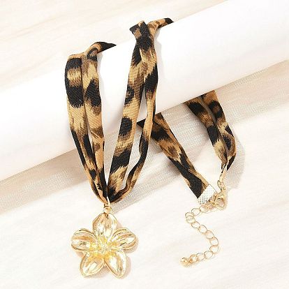 Кулон в виде цветка из сплава 2-цепочка из полиэстерового шнура с леопардовым принтом для женщин, с удлинителем железной цепи, песчаный коричневый