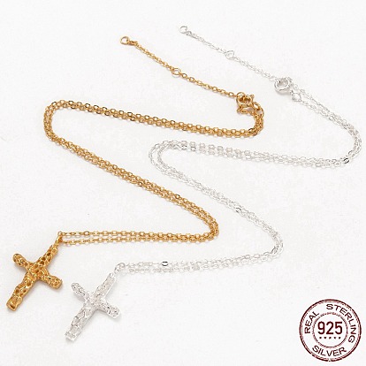 925 Sterling Silver Pendant Necklaces, with Cable Chains and Spring Ring Clasps, Cross