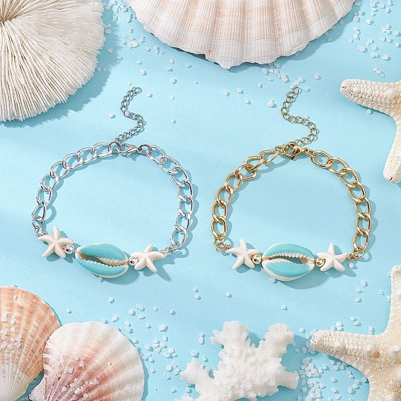 Алюминиевые витые панцирные цепи браслеты-звенья, Браслеты из ракушек каури, синтетической бирюзы и гематита для женщин, звезда и раковина