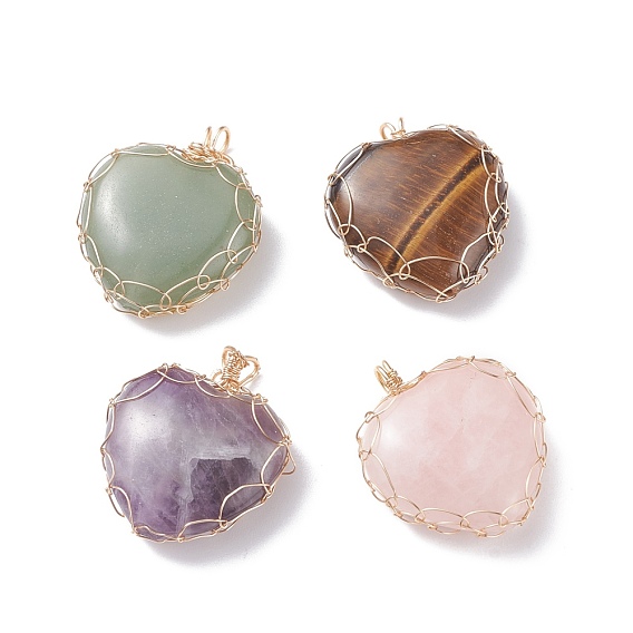 Natural Gemstone Pendants, with Real 18K Gold Plated Copper Wire Wrapped, Heart