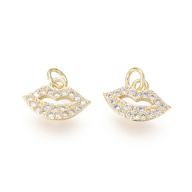 Brass Charms, with Clear Cubic Zirconia and Jump Rings, Lip