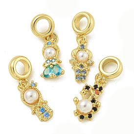 Rack Plating Brass & Cubic Zirconia & ABS Plastic Pearl European Pendants, Long-Lasting Plated, Lead Free & Cadmium Free, Real 18K Gold Plated, Princess/Duck