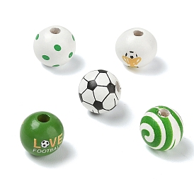 Wood European Beads, Round with Football Pattern, Large Hole Beads
