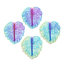 Ion Plating(IP) 304 Stainless Steel Filigree Pendants, Etched Metal Embellishments, Leaf