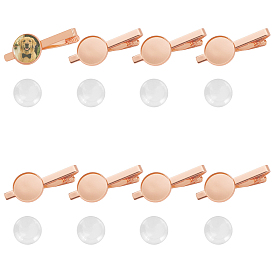8Pcs Brass Tie Clip Cabochon Settings, Flat Round, with 8Pcs Transparent Glass Cabochons